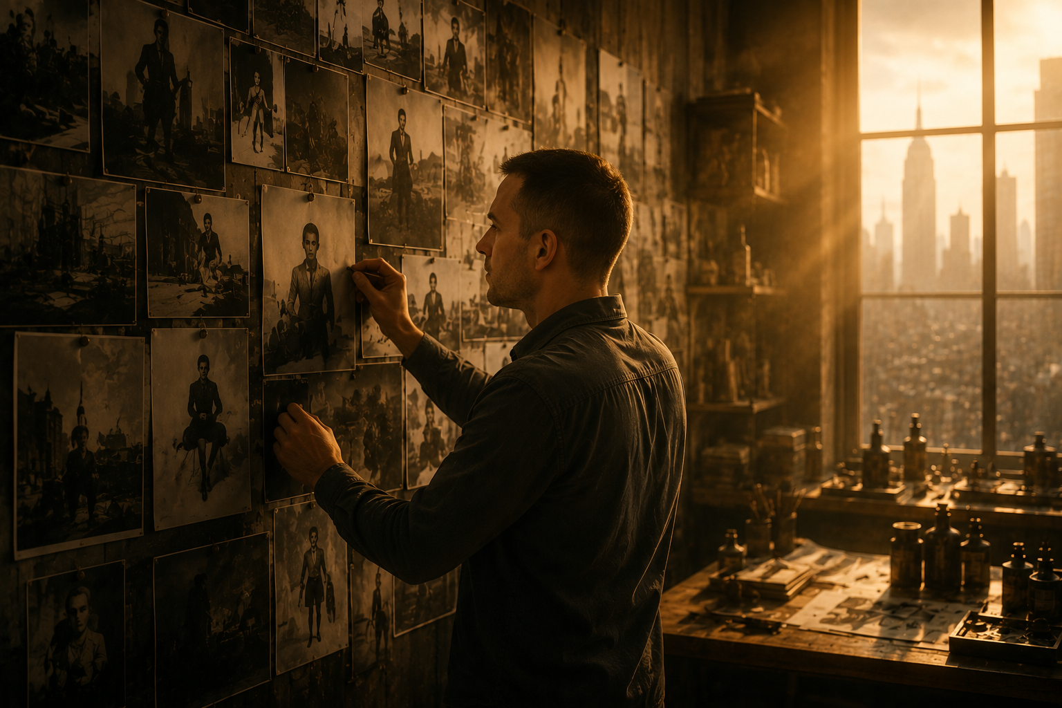 A creator discovering a story on a wall of images
