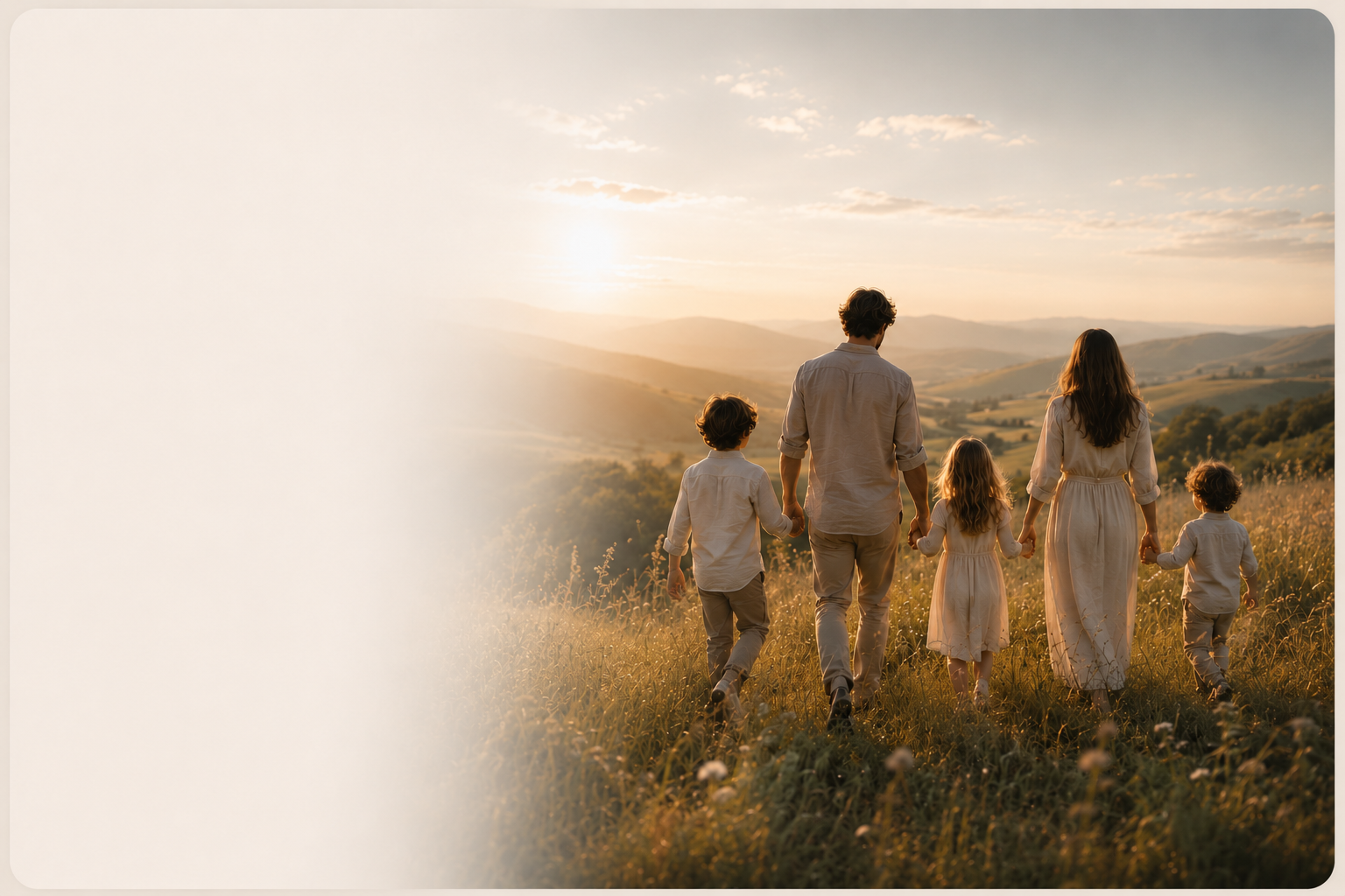 A family walking together through a sunlit landscape