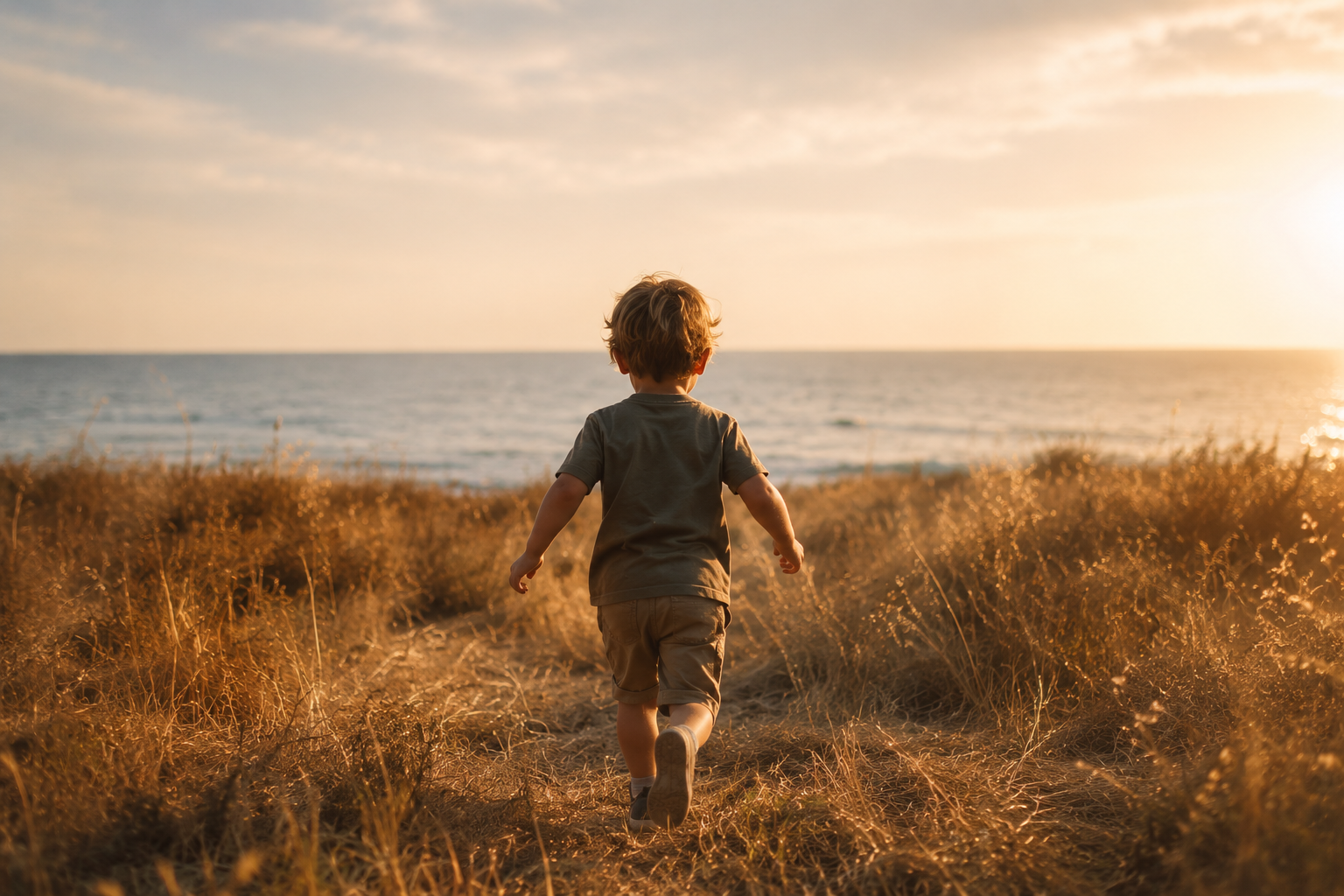 A child walking toward the sea, representing a story yet to be told
